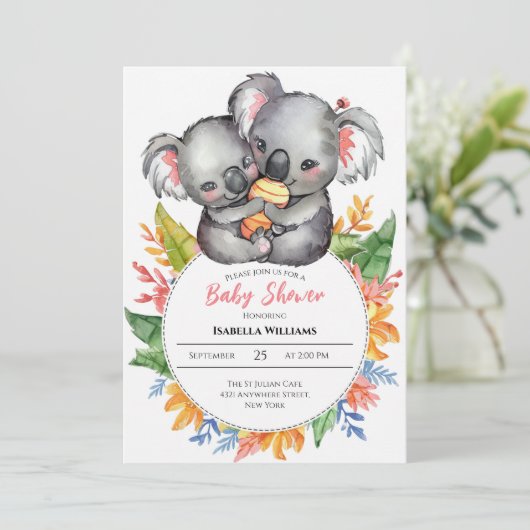 Niedliche Koalas Wildblume Kinderdusche Einladung (Stehend Vorderseite)