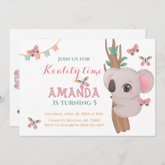 Niedliche Koalitionszeit Koala Bär rosa aquamarine Einladung (Vorne/Hinten)