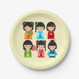 Niedliche Kokeshi Japanische Puppen Pappteller