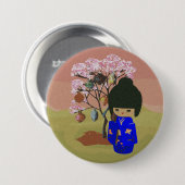 Niedliche kokeshi Puppe mit Kirschblütenbaum Button (Vorne & Hinten)