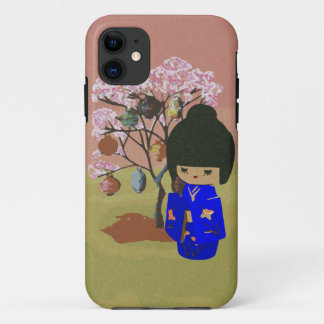 Niedliche kokeshi Puppe mit Kirschblütenbaum Case-Mate iPhone Hülle