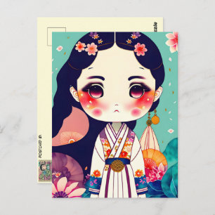 Niedliche Kokeshi-Puppe, Postüberquerung Postkarte