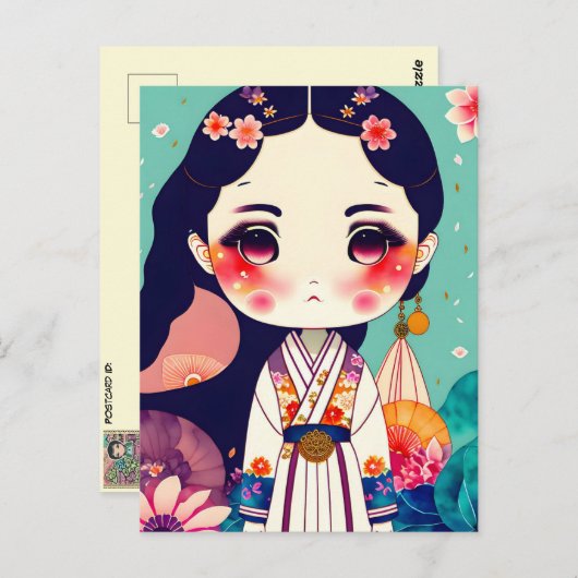 Niedliche Kokeshi-Puppe, Postüberquerung Postkarte (Vorne/Hinten)