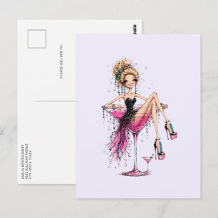 Niedliche, kokette Dame in einem Martini-Glas Postkarte