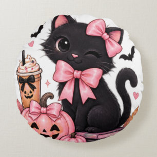 Niedliche Kokette schwarze Katze Halloween mit ros Rundes Kissen