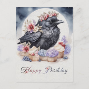 Niedliche Krähe Geburtstag Blumen Cupcakes  Postka Postkarte