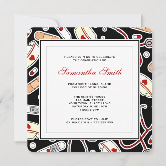 Niedliche Krankenpflegeschule RN Black Abschluss S Einladung (Rückseite)