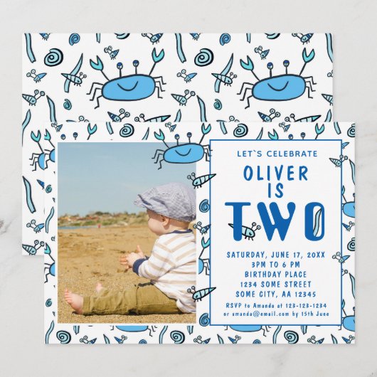 Niedliche Krebstiere Muschel Junge Foto 2. Geburts Einladung (Vorne/Hinten)