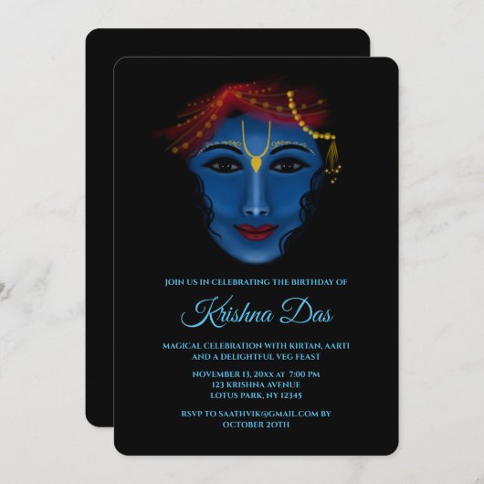 Niedliche Krishna-Geburtstagskarte - Krishna art Einladung (Vorne/Hinten)