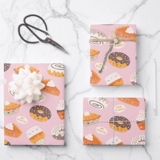 Niedliche Kuchen, Donuts und Kuchen mit Text Geschenkpapier Set (Vorderseite)