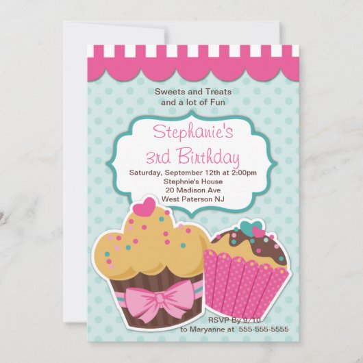 Niedliche Kuchen-Mädchen-Geburtstags-Party Einladung (Vorderseite)