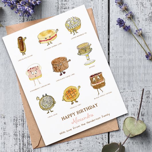 niedliche Kuchen Nachtisch Illustrationen Postkarte