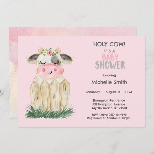 Niedliche Kuh Blütenrosa Gold Einladung (Vorne/Hinten)