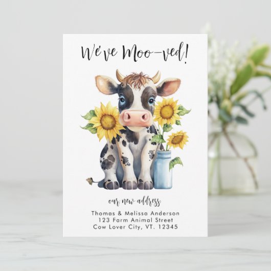 Niedliche Kuh Funny, wir haben mooved neue Adresse Ankündigung (Stehend Vorderseite)