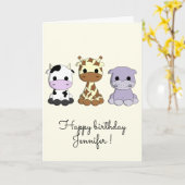 Niedliche Kuh-Giraffe Hippo-Cartoon Kindergeburtst Karte (Gelbe Blume)