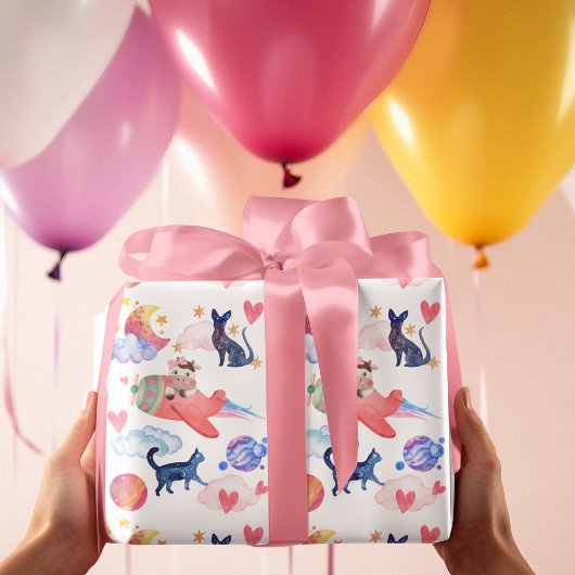 Niedliche Kuh im Flugzeug, Raumfahrt, Katzen, Mond Geschenkpapier