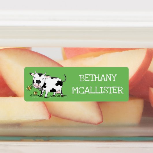 Niedliche Kuh im grünen Cartoon personalisiert Etiketten (Befestigt)