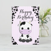 Niedliche Kuh Lila Streifen Drucke Kindergeburtsta Karte (Stehend Vorderseite)