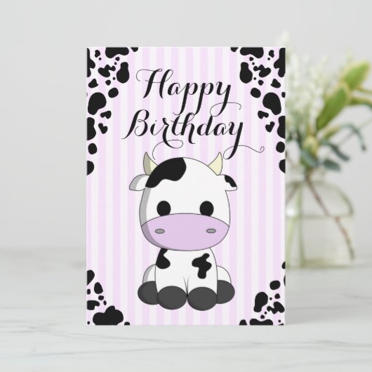 Niedliche Kuh Lila Streifen Drucke Kindergeburtsta Karte (Stehend Vorderseite)
