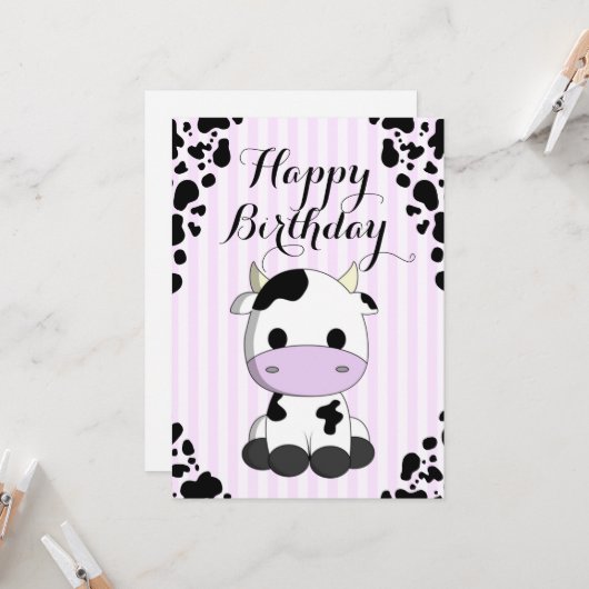 Niedliche Kuh Lila Streifen Drucke Kindergeburtsta Karte (Vorderseite/Rückseite Beispiel)