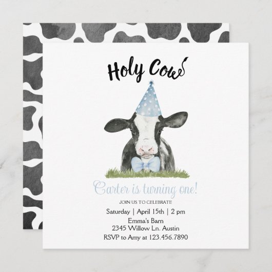 Niedliche Kuh mit Blue Party Hut & Bow Krawatte Ei (Vorne/Hinten)