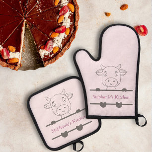 Niedliche Kuh-Monogramm Ofenhandschuh & Topflappen-Set