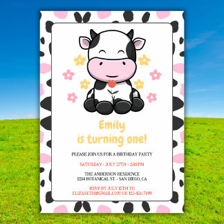 Niedliche Kuh Print Pink & Black Girl Geburtstagsp Einladung