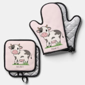 Niedliche Kuh Rosa Ofenhandschuh & Topflappen-Set (Vorderseite/Rückseite)
