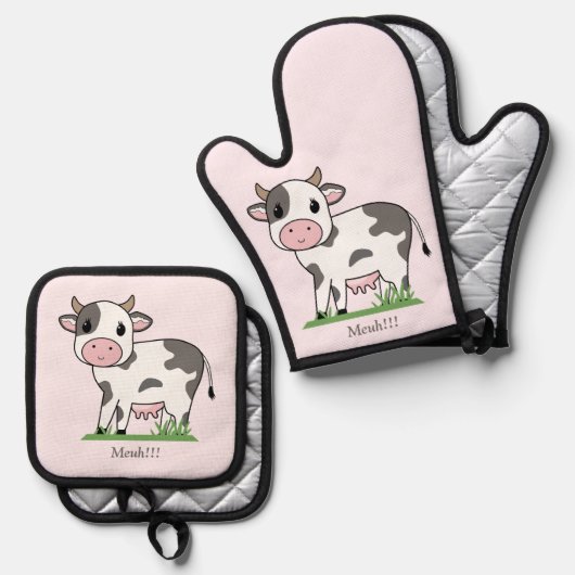 Niedliche Kuh Rosa Ofenhandschuh & Topflappen-Set (Vorderseite/Rückseite)