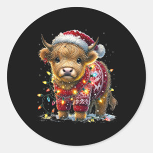 Niedliche Kuh Santa Sweater Weihnachtsbaum Lights Runder Aufkleber