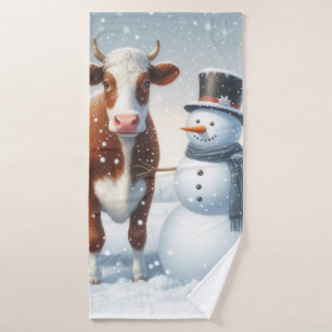 Niedliche Kuh & Schneemann im Winterfeld Badehandtuch