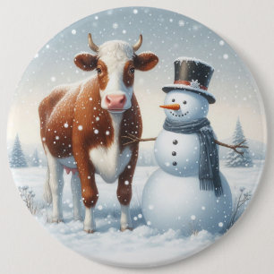 Niedliche Kuh & Schneemann im Winterfeld Button