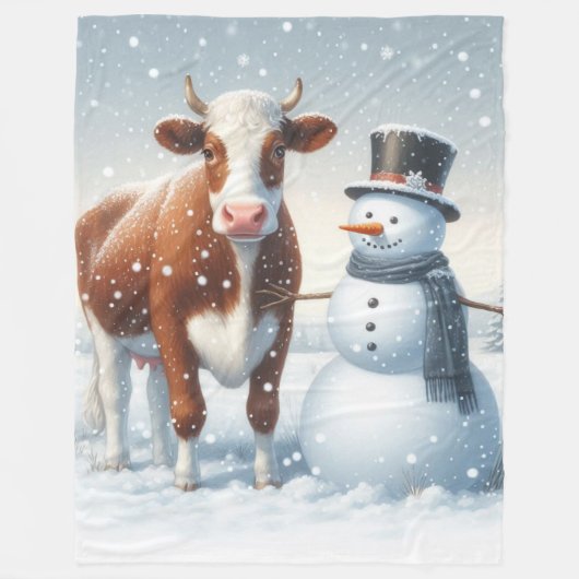 Niedliche Kuh & Schneemann im Winterfeld Fleecedecke (Vorderseite)