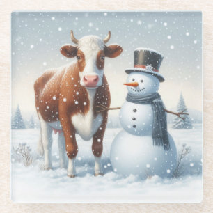 Niedliche Kuh & Schneemann im Winterfeld Glasuntersetzer