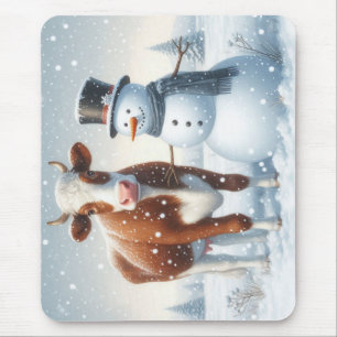 Niedliche Kuh & Schneemann im Winterfeld Mousepad