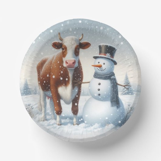 Niedliche Kuh & Schneemann im Winterfeld Pappteller (Vorderseite)