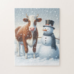 Niedliche Kuh & Schneemann im Winterfeld Puzzle