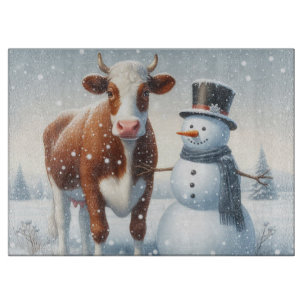 Niedliche Kuh & Schneemann im Winterfeld Schneidebrett