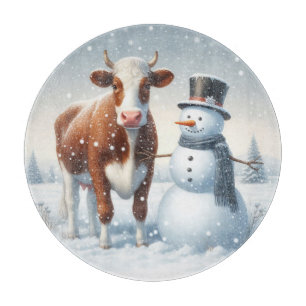 Niedliche Kuh & Schneemann im Winterfeld Schneidebrett