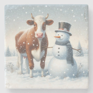 Niedliche Kuh & Schneemann im Winterfeld Steinuntersetzer