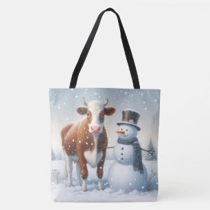 Niedliche Kuh & Schneemann im Winterfeld Tasche