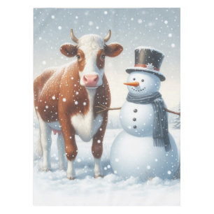 Niedliche Kuh & Schneemann im Winterfeld Tischdecke