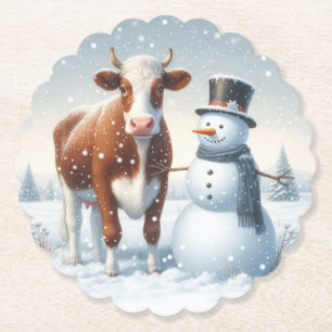 Niedliche Kuh & Schneemann im Winterfeld Untersetzer