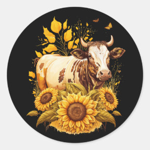 Niedliche Kuh Sonnenblume Lover Zeichnend Kunst Runder Aufkleber