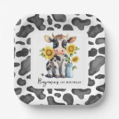 Niedliche Kuh Sonnenblume Modernes Landtier 1. Geb Pappteller (Vorderseite)