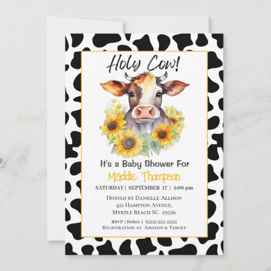 Niedliche Kuh Sonnenblumen Farm Baby Dusche Einlad Einladung (Vorderseite)