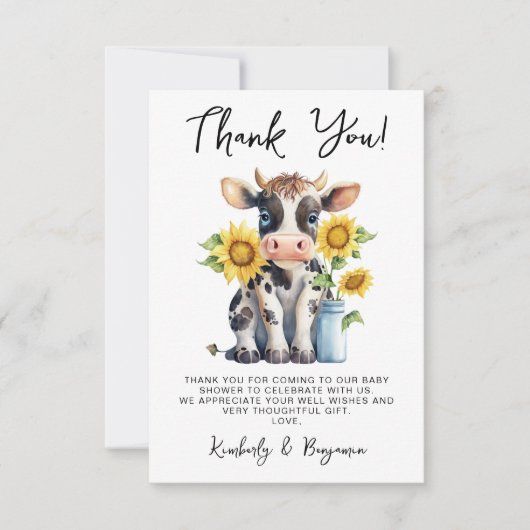 Niedliche Kuh Sonnenblumen Moderne, einfache Farm Dankeskarte (Vorderseite)