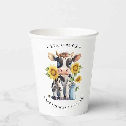 Niedliche Kuh Sonnenblumen Moderne, einfache Farm Pappbecher (Rückseite)