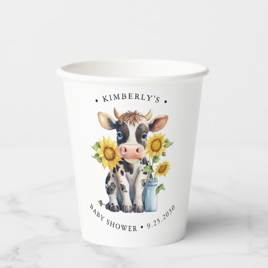 Niedliche Kuh Sonnenblumen Moderne, einfache Farm Pappbecher (Vorderseite)