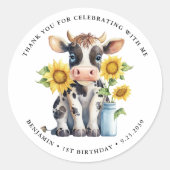 Niedliche Kuh Sonnenblumen Moderne, einfache Landw Runder Aufkleber (Vorderseite)
